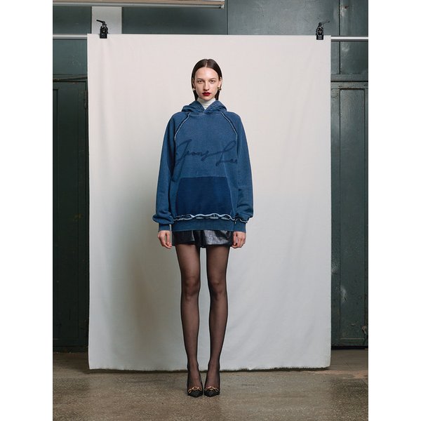 BLUE OVERSIZED SHADOW WASHED RAW CUT HOODIE