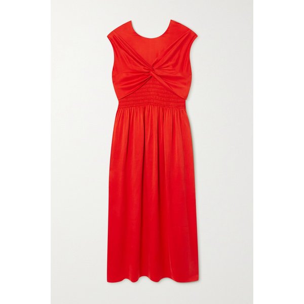 Mahaney Gathered Smocked Silk Midi Dress 레드 38063312420510272