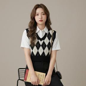 여성  브이넥  조끼 크롭 아가일 니트 베스트 vs-62 (S46718371)