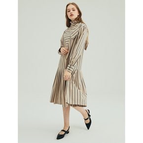 STRIPE TIE PLEATS DRESS_BEIGE