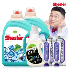 강호동의 쉬슬러 액상 세제 후레쉬 3.05L 2개+스포츠의류전용 650ml 1개+잇몸케어 치약 100g 2개.