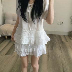 스콘 펀칭 리본 프릴 반팔 블라우스3color