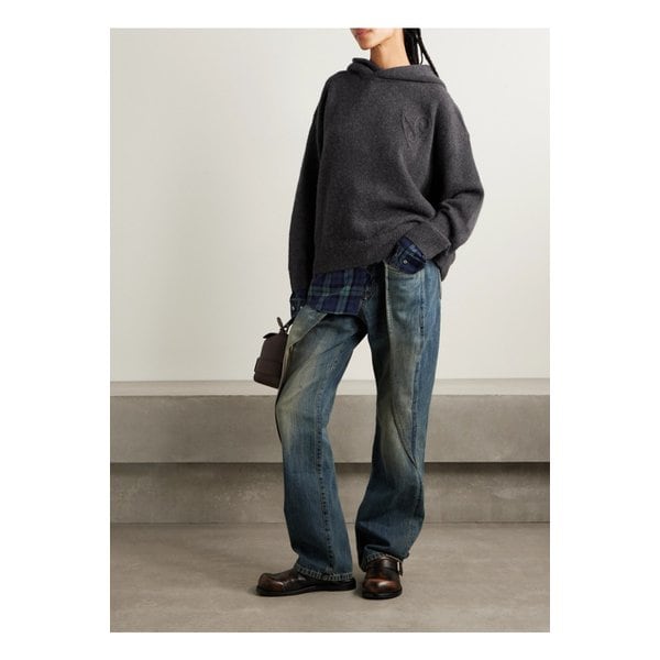 레이어드 니트 체크 코튼 플란넬 후디 다크 그레이 46376663162871123