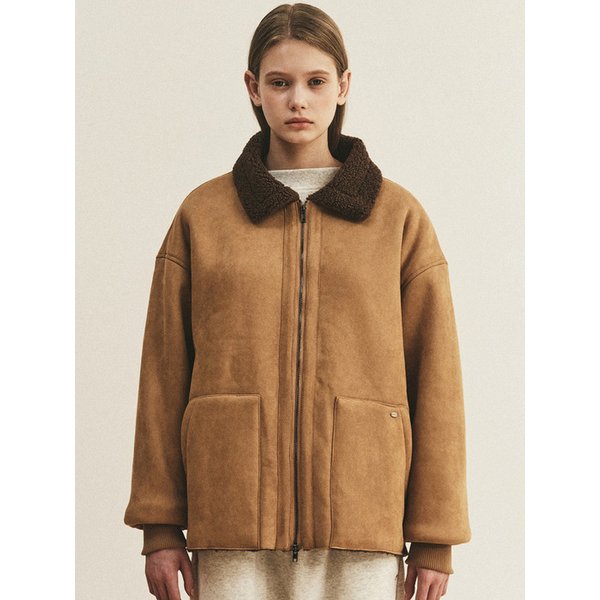 TEDDY COLLAR SUEDE ZIP UP JACKET_CAMEL