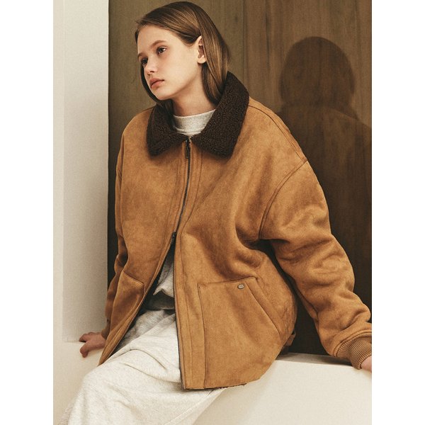 TEDDY COLLAR SUEDE ZIP UP JACKET_CAMEL