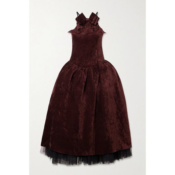 리본 장식 크러시드 벨벳 미디 원피스 46376663162976744