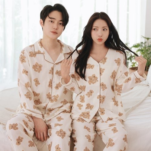 김양리빙 / (순면)브라캡 내장 노브라 커플 곰돌이 잠옷 파자마