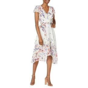 4288678 DKNY Printed Flutter Sleeve Faux Wrap Midi Dress