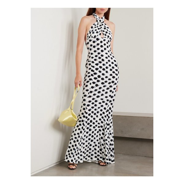 노마카말리 컷아웃 폴카 도트 스트레치 저지 홀터넥 가운 화이트 46376663162889283