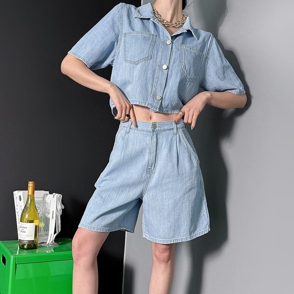 [옷자락] 여자 청청셋업 크롭 포켓 청남방 4부 여름반바지 세트