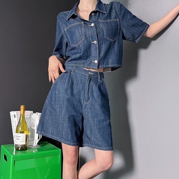 [옷자락] 여자 청청셋업 크롭 포켓 청남방 4부 여름반바지 세트