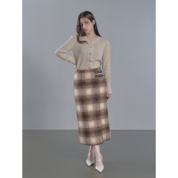 알파카 가죽 포인트 트임 롱 스커트 - 브라운/블랙