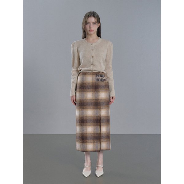 알파카 가죽 포인트 트임 롱 스커트 - 브라운/블랙