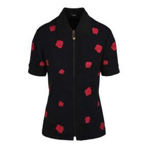 5336457 Versace Zip Up Rose Embroidered Short Sleeve Shirt