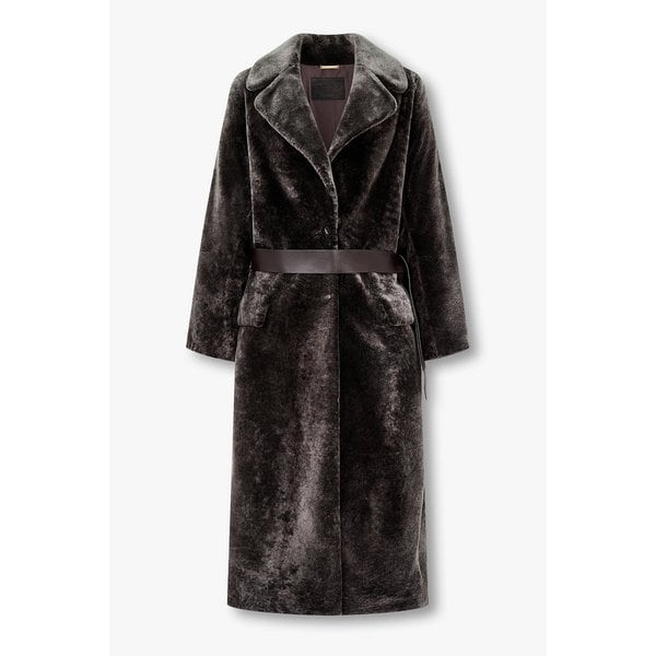 여성 벨티드 시어링 레더 코트 A123309503000