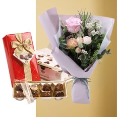핑크 라이트 꽃다발+벨기에 초콜릿 선물 꽃다발 발렌타인데이 화이트데이 생일 프로포즈 꽃배달