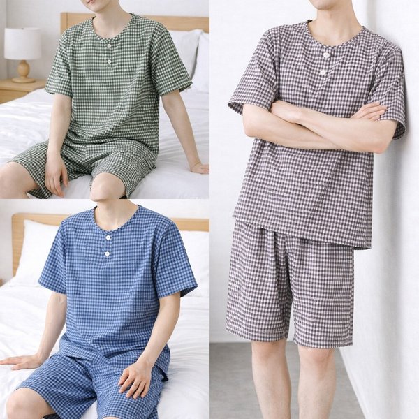 남자 잠옷세트 반팔 반바지 파자마 홈웨어 냉감 여름 깅엄 체크 빅사이즈