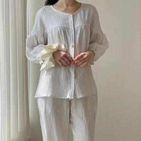 에바줄거즈면 단추라운드 투피스 잠옷세트 7부반팔 실내복 상하의 여성파자마_P430075547