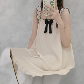 [옷자락] 여자 리본 러블리 민소매 프릴 원피스 잠옷