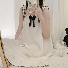 [옷자락] 여자 리본 러블리 민소매 프릴 원피스 잠옷