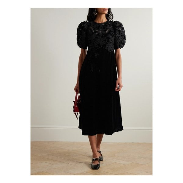앨리스 자수 레이스 트리밍 벨벳 미디 드레스 블랙 1647597343649723