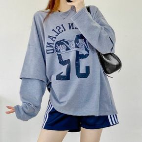 스태튼레터링 라운드박스 레이어드소매 긴팔롱티셔츠 루즈핏 빅사이즈 가을 면.._P436027861