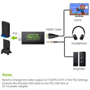 PS2 to HDMI 컨버터- 변환 어댑터- 3.5mm 헤드폰 잭 USB 케이블 부속