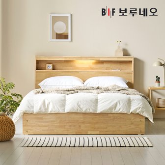 BIF보루네오 [착불]뉴키Po 3서랍 고무나무 원목 침대 LED 수납 프레임 Q