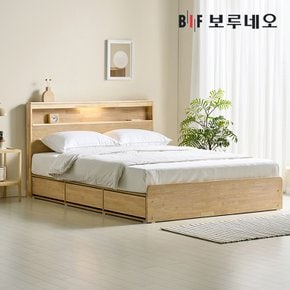 [착불]뉴키Po 3서랍 고무나무 원목 침대 LED 수납 프레임 Q