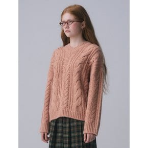 V-NECK CABLE KNIT PULLOVER, APRICOT