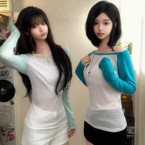 델리 시스루 보트넥 배색 나그랑 긴팔 티셔츠5color
