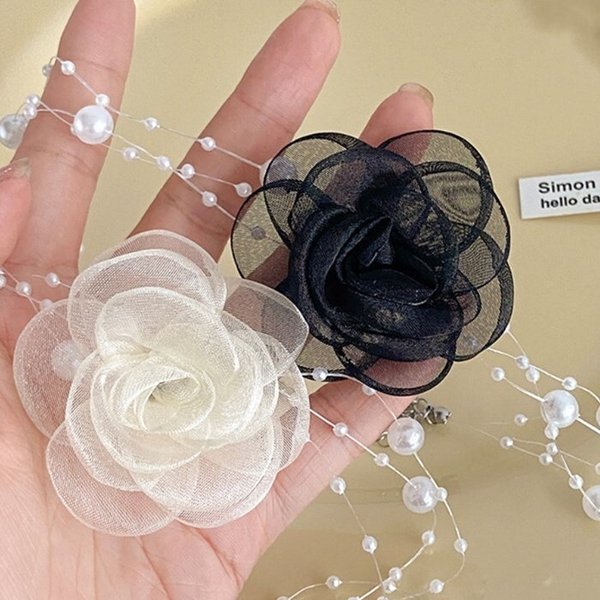 [옷자락] 여성 웨딩소품 진주 스트랩 레이어드 장미 목걸이