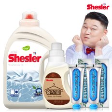 강호동의 쉬슬러 액상 세제 센스티브 3.05L 1개+홈드라이전용 650ml 1개+치석케어 치약 100g 2개.