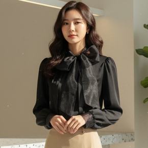 / 오간자 리본 스카프 핀턱 라운드 블라우스 투웨이 스타일 쉬폰 블라우스