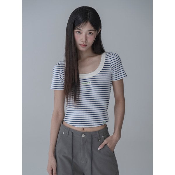 [리퍼브]U-NECK STRIPE SWEET SLIM TSHIRT_ CREAM BLUE