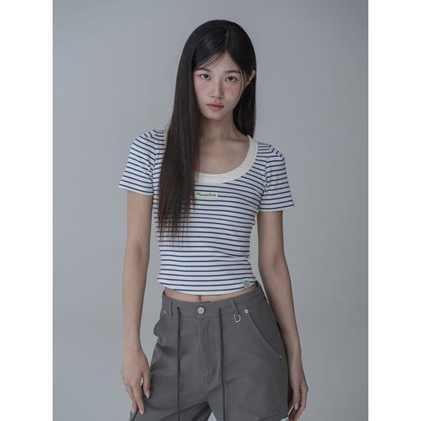 [리퍼브]U-NECK STRIPE SWEET SLIM TSHIRT_ CREAM BLUE