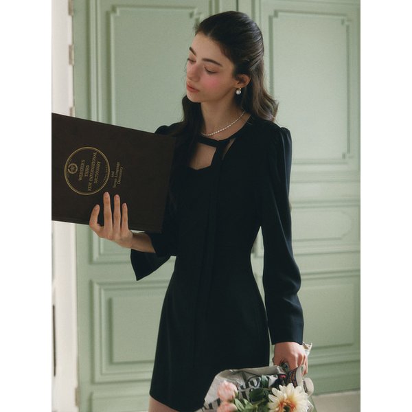 니나 배색 리본 타이 원피스_블랙