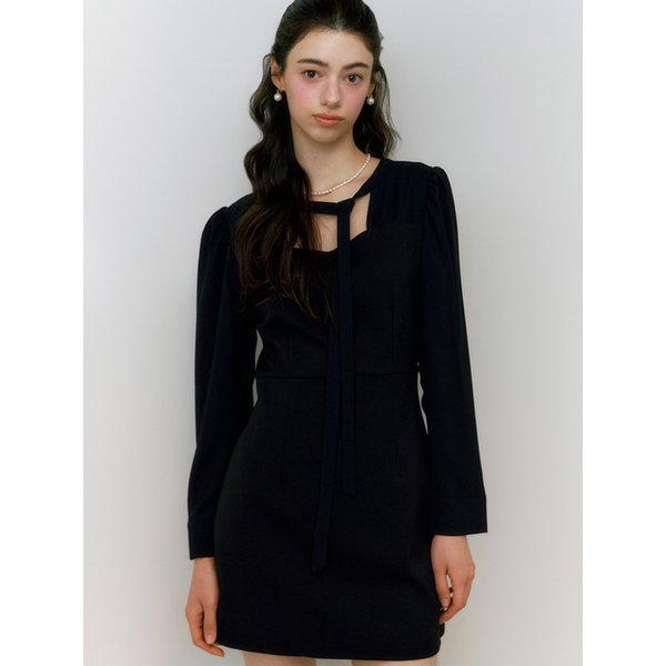 니나 배색 리본 타이 원피스_블랙