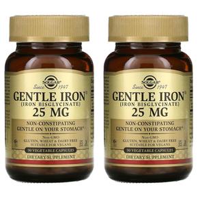 [해외직구] Solgar 솔가 젠틀 아이언 25mg 90베지캡슐 2팩 Gentle Iron 25 mg 90 Vegetable Capsules