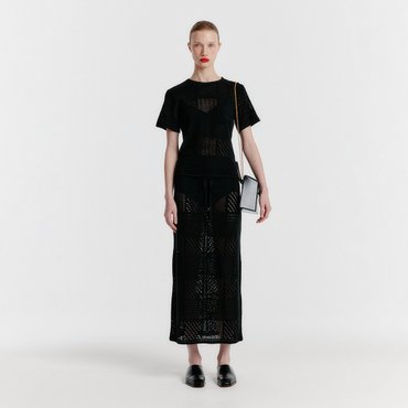 EENK YIZNY Panelled Lace Knit Long Skirt - Black