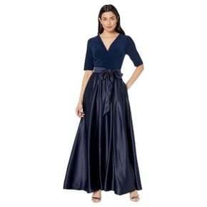 3908920 Alex Evenings Tea Length Surplice Neckline Dress with Tie Waist