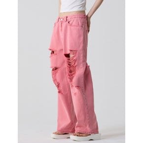 와이드 디스트로이드 피그다잉 데님 팬츠 레드_Wide destroyed piggy-dying denim pants red