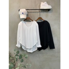 (77가능)위쿠 어깨패드 브이넥 라운드 밑단 긴팔 티셔츠 2color