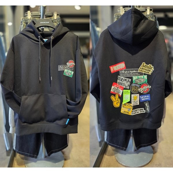 [시흥점] 남여공용 스티커모음 세미오버핏 후드(블랙) /JGZZ30912BK