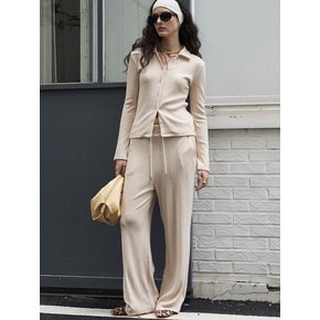 Ribbed Banding Wide-Leg Pants Beige