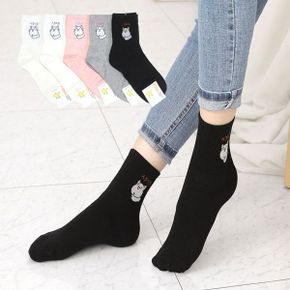 여성 스마일 캣 중목 양말 5켤레 면 캐릭터 패션 학생_P301101711