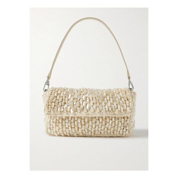 스타우드 티미 가죽 트리밍 인조 진주 장식 라피아 숄더 백 크림 46376663162889555