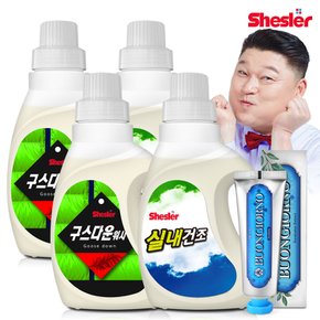 강호동의 쉬슬러 액상 세제 650ml 구스다운워시전용 2개+실내건조전용 2개+치석케어 치약 100g 1개.