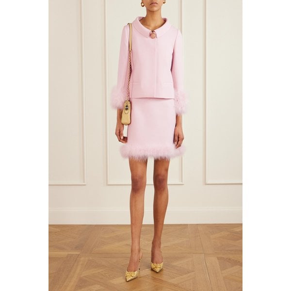 깃털 트리밍 울 실크 블렌드 크레이프 드 신 재킷 46376663162986172