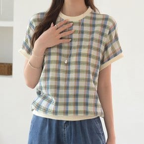 글루미 여름 체크 패턴 반팔티 쭈리 캡소매 티셔츠